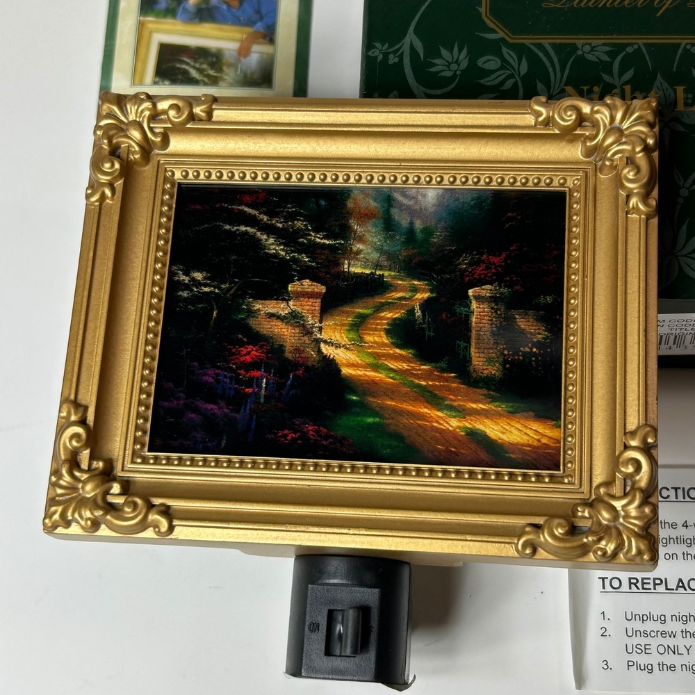 Thomas Kinkade Spring Gate Night Light Ornate Gold Frame Hearth Home 1998 - Picture 3 of 10
